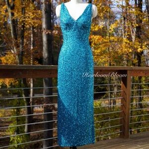 Vintage 100% Silk Blue Sequin Evening Prom Gown